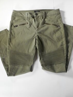 Tinsel Olive Green Moto Skinny Pant 30 31x27.5 Zipper Pleated Knee Edgy Stretch